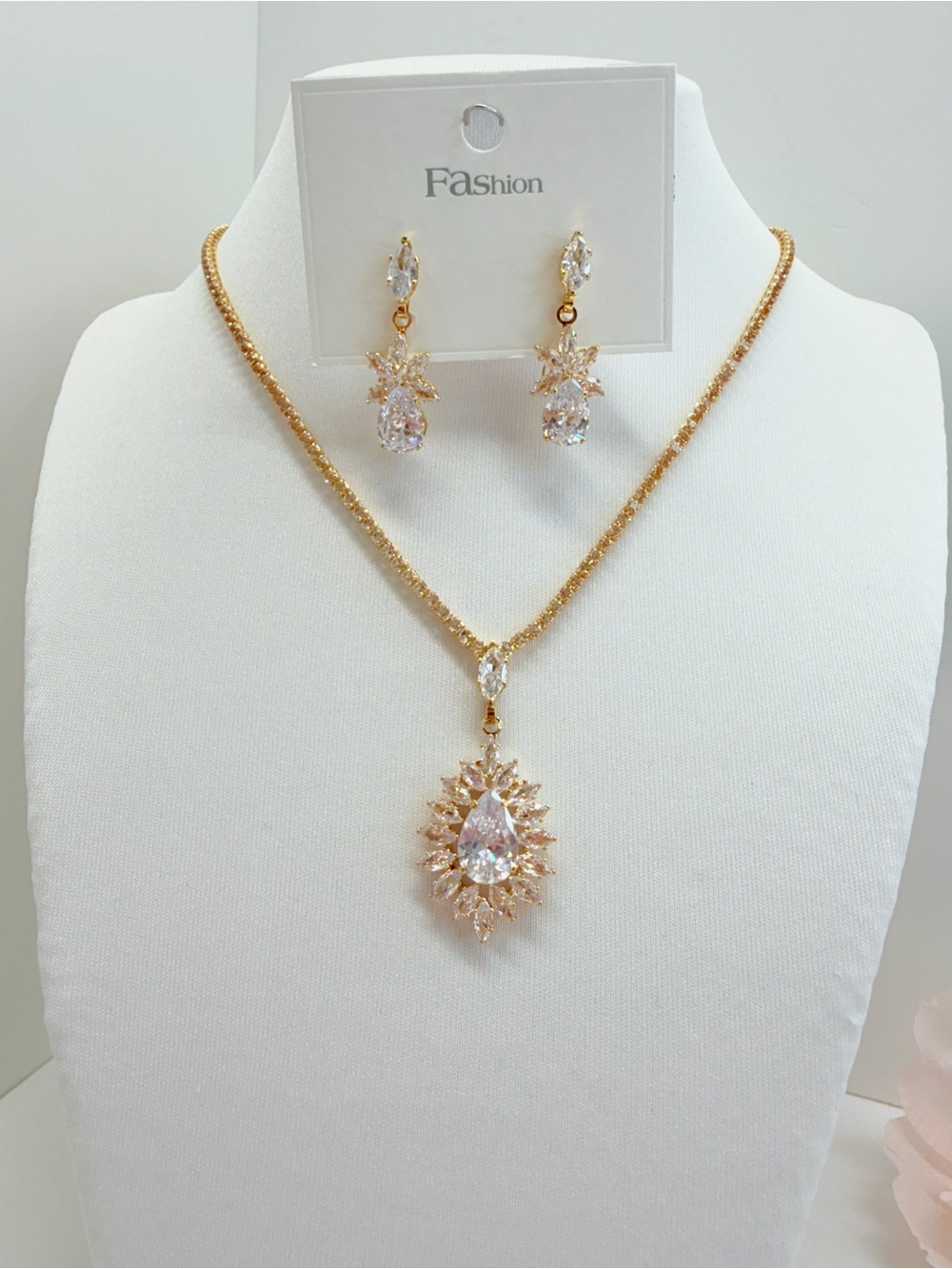 Gold-Tone Teardrop CZ Crystal Necklace & Earring Set - Gold